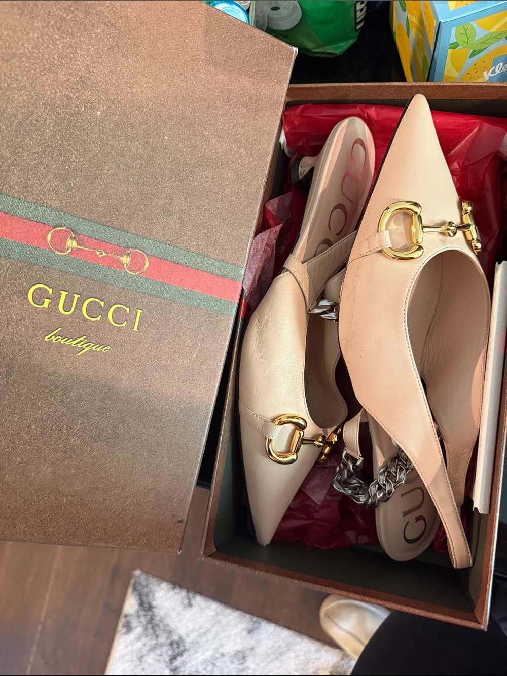 Gucci Rose Nude Leather Horsebit Slingback Mules